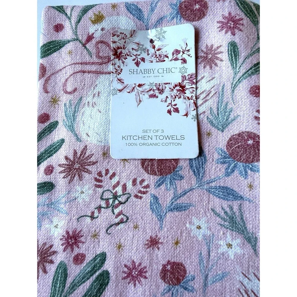 Shabby Chic Kitchen Towels Set of 3 Swans Pink Green White 100% Cotton 16X24